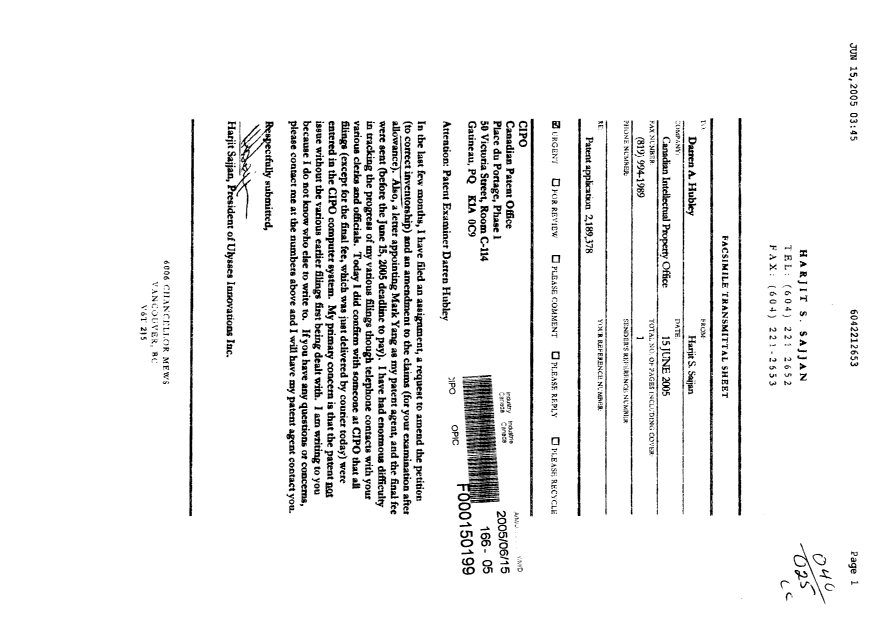 Canadian Patent Document 2189378. Correspondence 20041215. Image 1 of 1