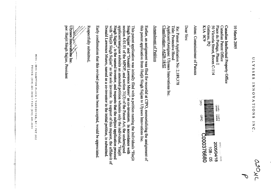 Canadian Patent Document 2189378. Correspondence 20041218. Image 1 of 3