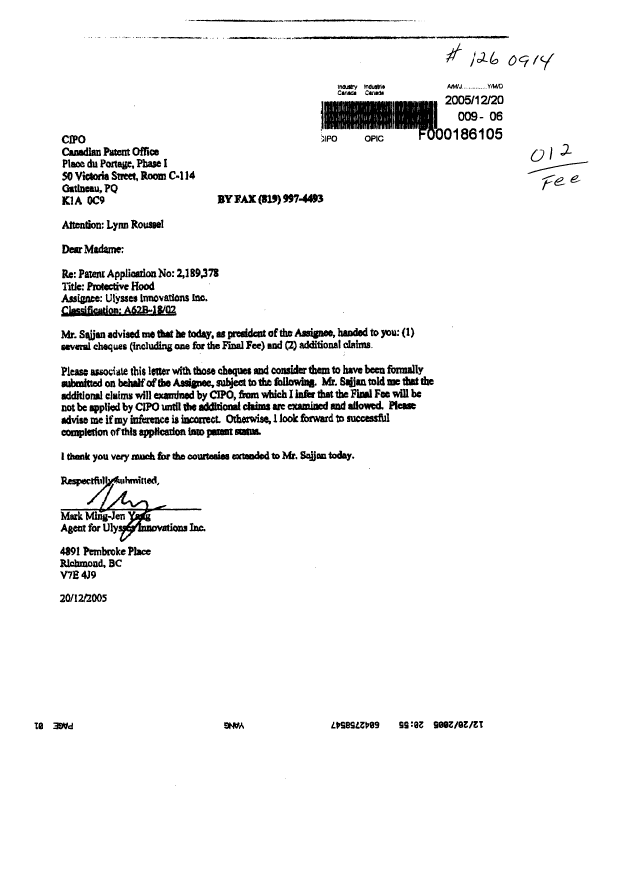 Document de brevet canadien 2189378. Taxes 20041220. Image 1 de 2
