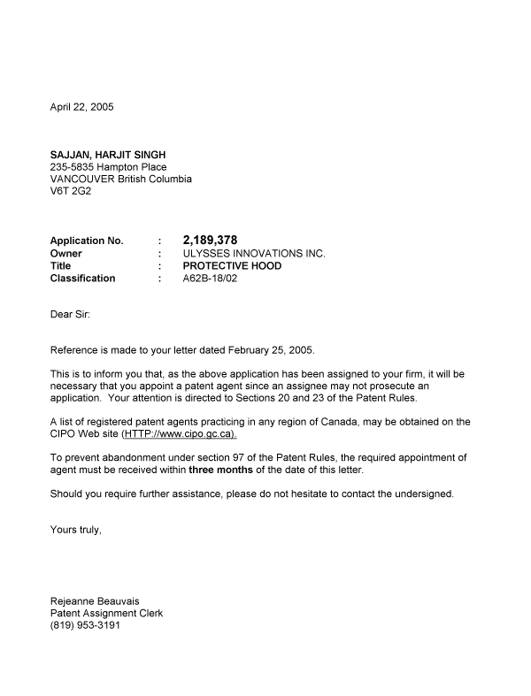 Document de brevet canadien 2189378. Correspondance 20041222. Image 1 de 1