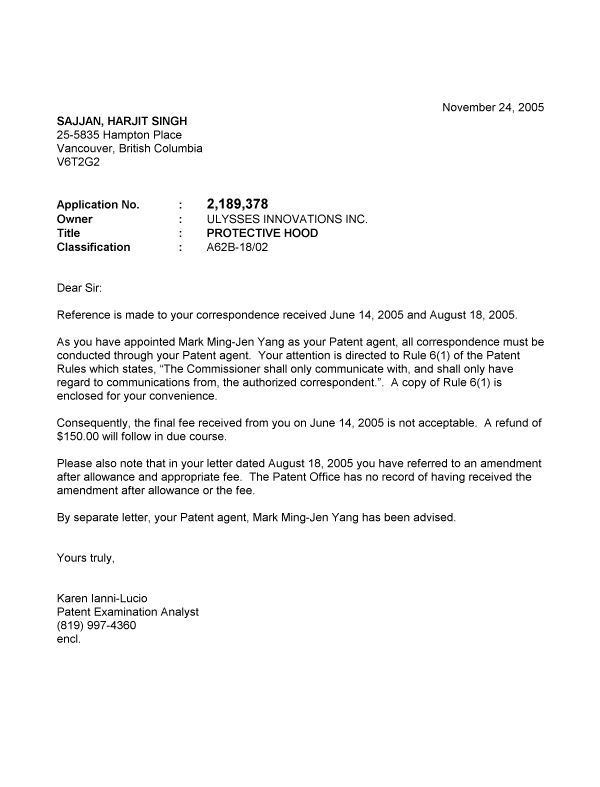 Document de brevet canadien 2189378. Correspondance 20041224. Image 1 de 1