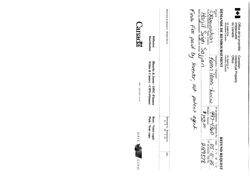 Canadian Patent Document 2189378. Correspondence 20041225. Image 1 of 3