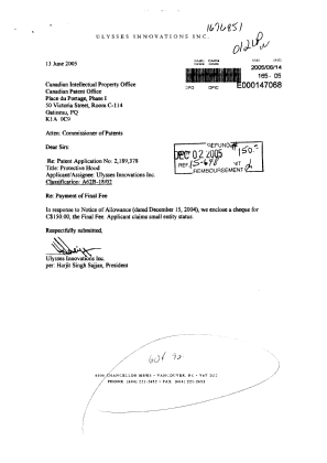 Document de brevet canadien 2189378. Correspondance 20041225. Image 2 de 3
