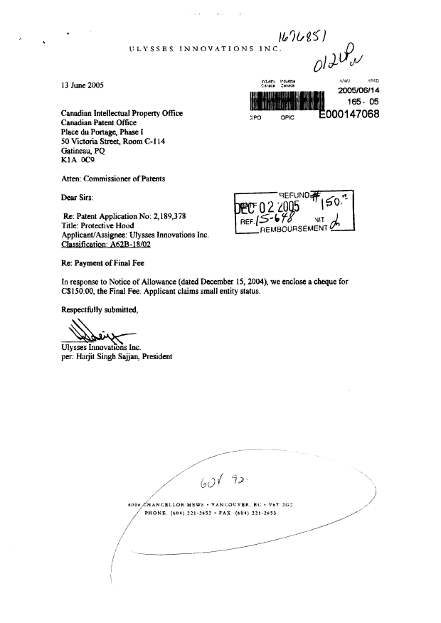 Canadian Patent Document 2189378. Correspondence 20041225. Image 2 of 3