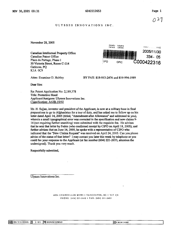 Document de brevet canadien 2189378. Poursuite-Amendment 20041230. Image 1 de 1