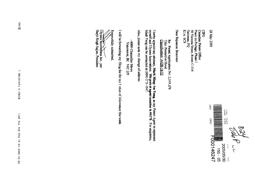 Canadian Patent Document 2189378. Correspondence 20041230. Image 1 of 1