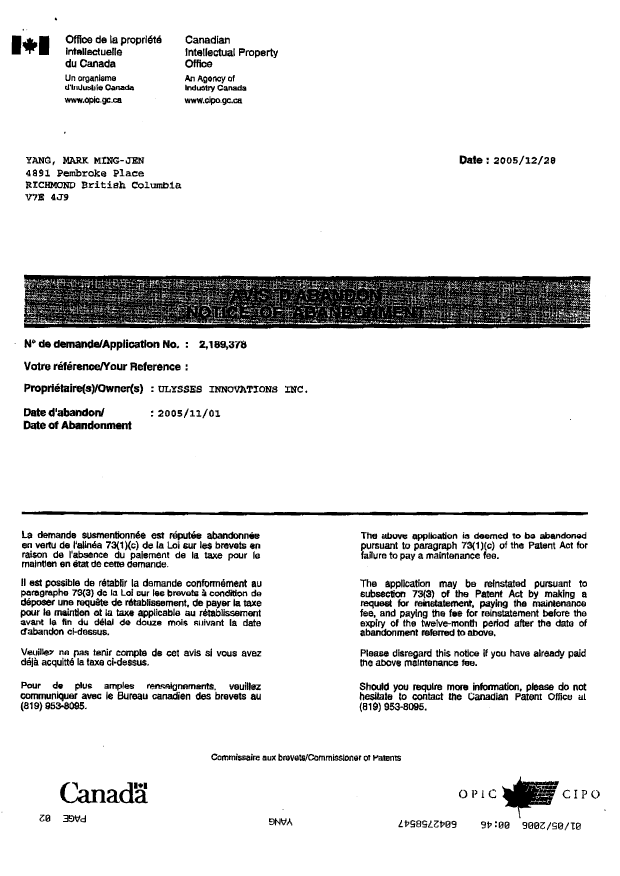 Document de brevet canadien 2189378. Poursuite-Amendment 20060105. Image 2 de 3