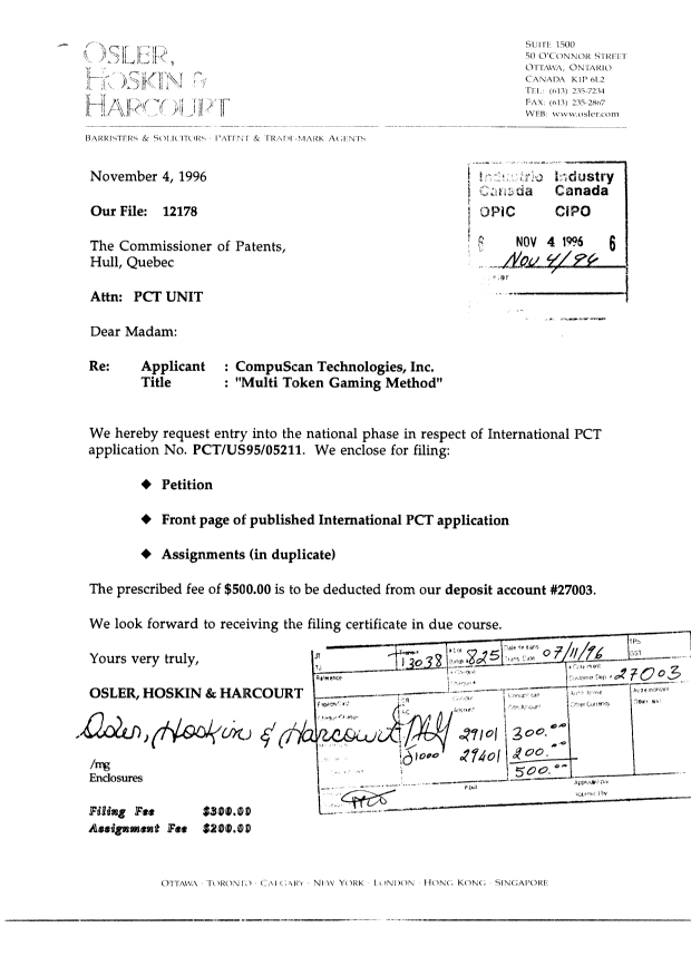 Document de brevet canadien 2189532. Cession 19961104. Image 1 de 10