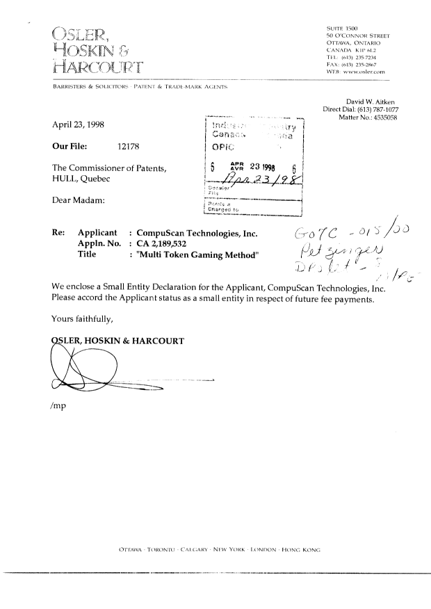 Document de brevet canadien 2189532. Correspondance 19980423. Image 1 de 2