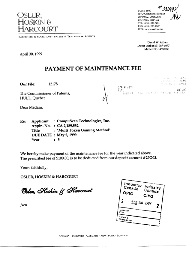 Document de brevet canadien 2189532. Taxes 19990430. Image 1 de 1