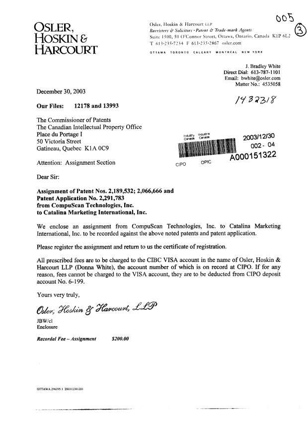 Document de brevet canadien 2189532. Cession 20031230. Image 1 de 4