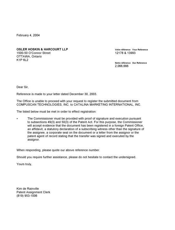 Document de brevet canadien 2189532. Correspondance 20040204. Image 1 de 1