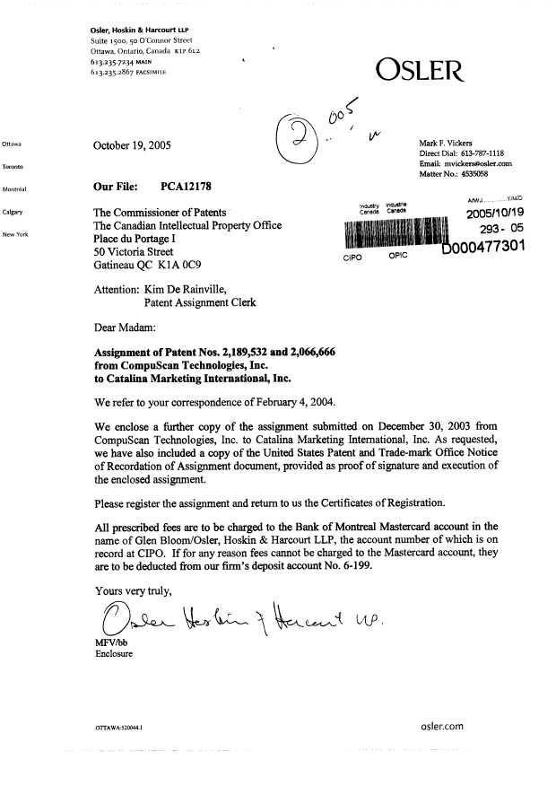 Document de brevet canadien 2189532. Cession 20051019. Image 1 de 7