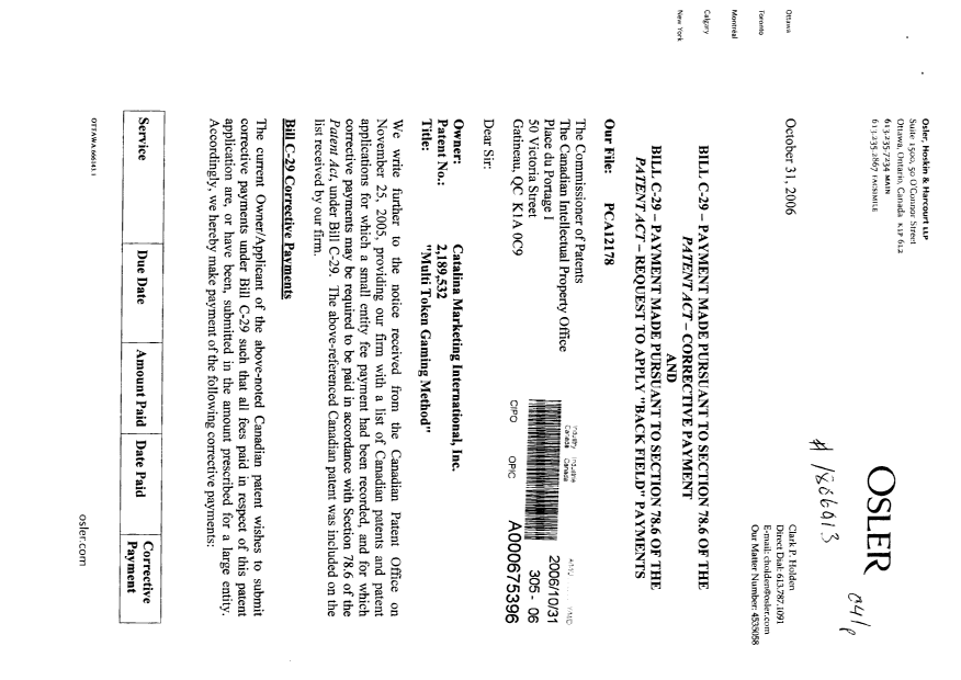 Canadian Patent Document 2189532. Prosecution-Amendment 20061031. Image 1 of 3