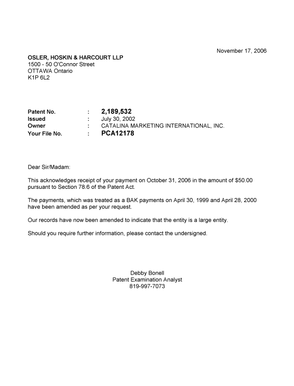 Document de brevet canadien 2189532. Correspondance 20061117. Image 1 de 1