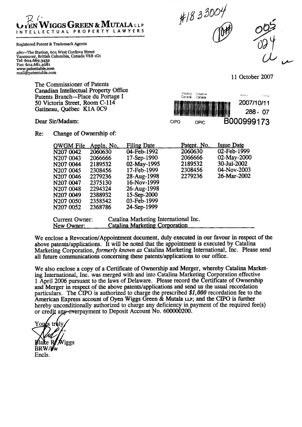 Canadian Patent Document 2189532. Correspondence 20071011. Image 1 of 2