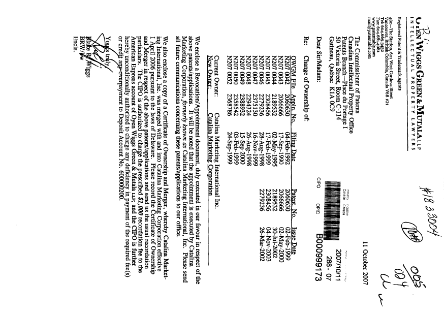 Canadian Patent Document 2189532. Correspondence 20071011. Image 1 of 2
