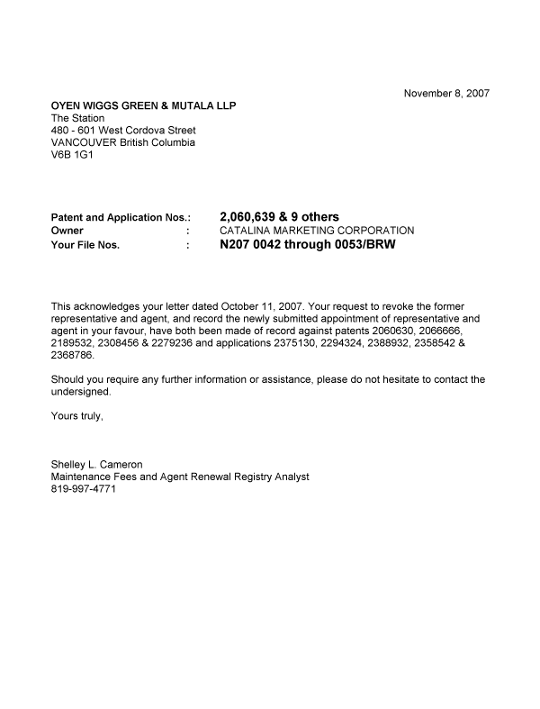 Document de brevet canadien 2189532. Correspondance 20071108. Image 1 de 1