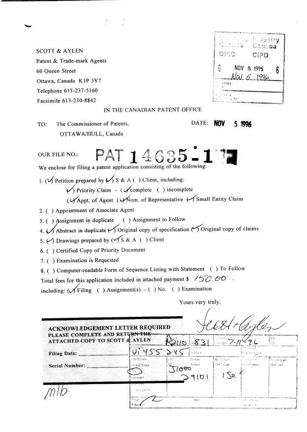 Document de brevet canadien 2189683. Cession 19961105. Image 1 de 4