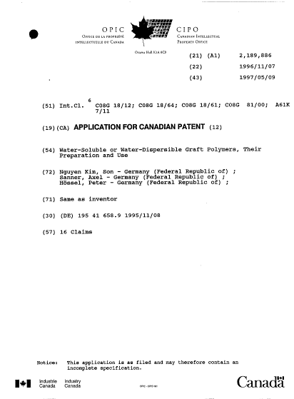 Document de brevet canadien 2189886. Page couverture 19970403. Image 1 de 1
