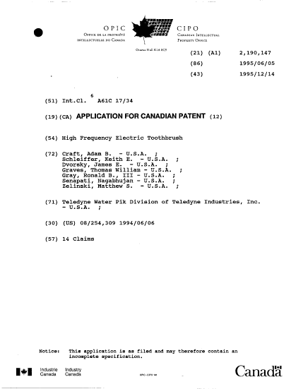 Document de brevet canadien 2190147. Page couverture 19970407. Image 1 de 1