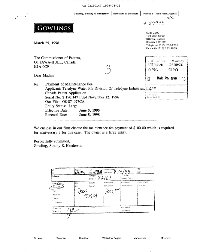 Document de brevet canadien 2190147. Taxes 19980325. Image 1 de 1