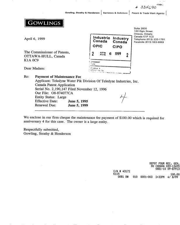 Document de brevet canadien 2190147. Taxes 19990406. Image 1 de 1