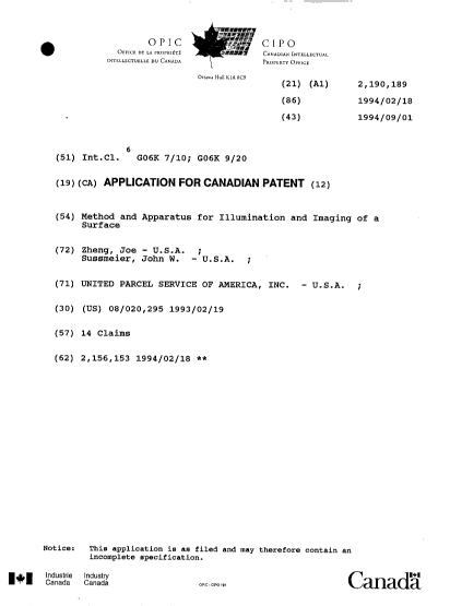 Canadian Patent Document 2190189. Cover Page 19970401. Image 1 of 1