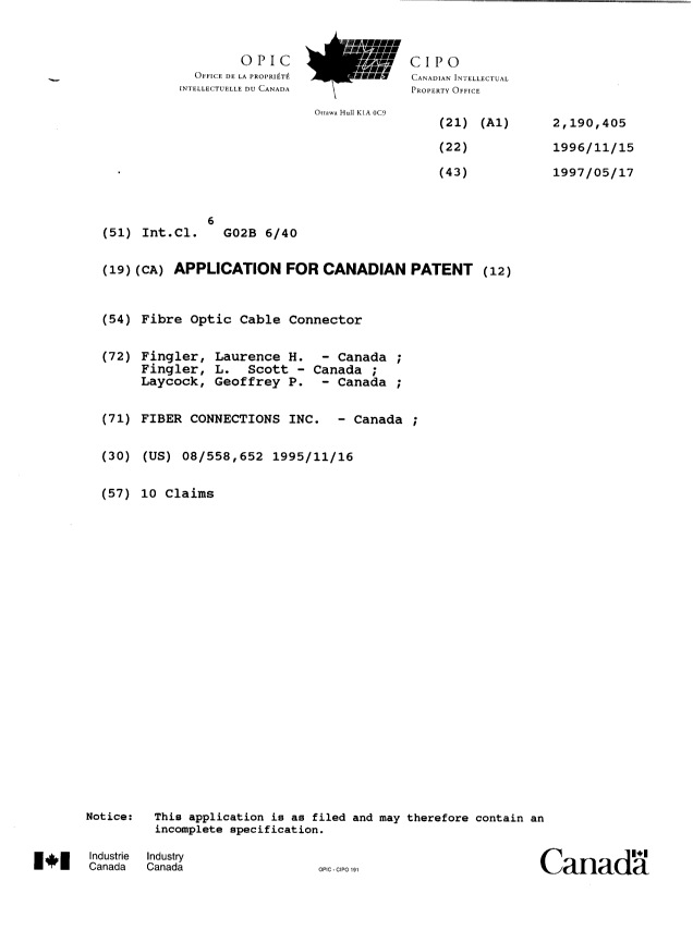 Canadian Patent Document 2190405. Cover Page 19980629. Image 1 of 1