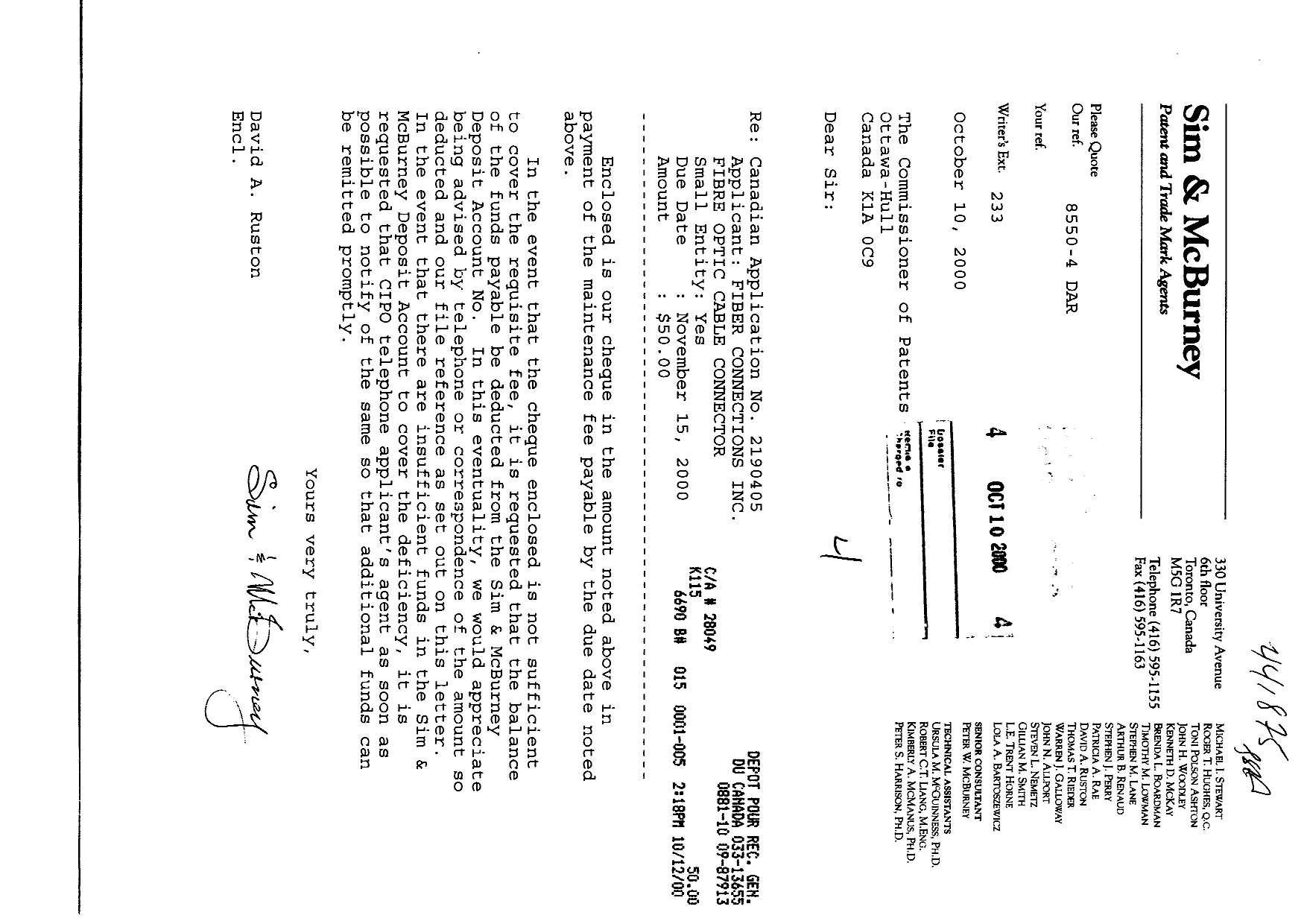 Document de brevet canadien 2190405. Taxes 19991210. Image 1 de 1