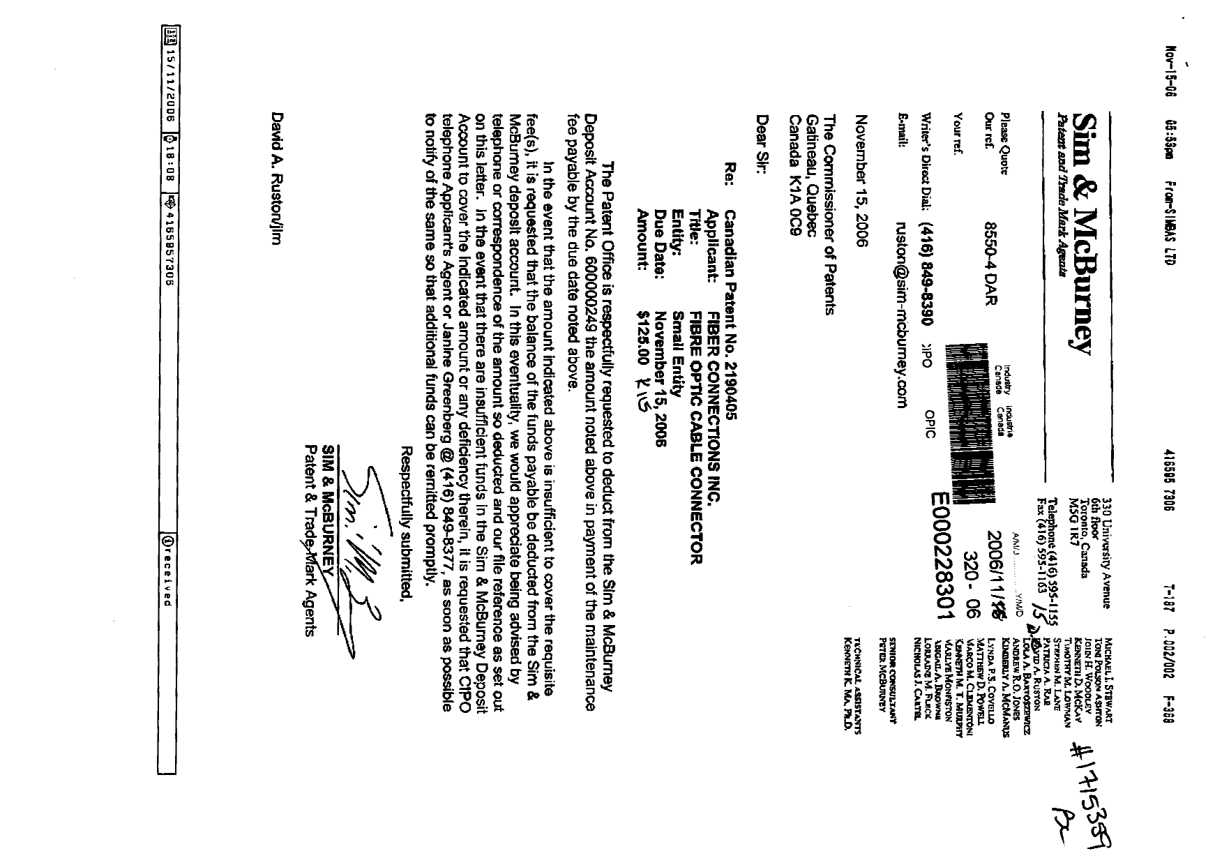 Canadian Patent Document 2190405. Fees 20061115. Image 1 of 2