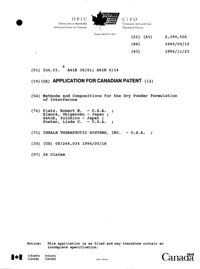 Canadian Patent Document 2190502. Cover Page 19961210. Image 1 of 1