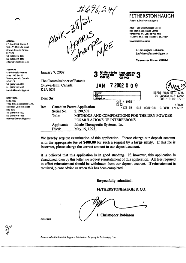 Canadian Patent Document 2190502. Prosecution-Amendment 20011207. Image 1 of 1