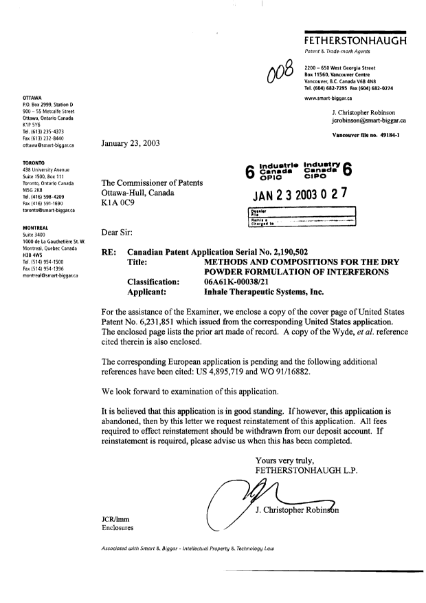 Canadian Patent Document 2190502. Prosecution-Amendment 20021223. Image 1 of 1