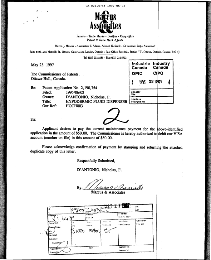 Canadian Patent Document 2190754. Fees 19961223. Image 1 of 1