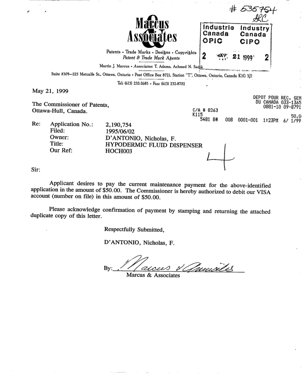 Canadian Patent Document 2190754. Fees 19981221. Image 1 of 1