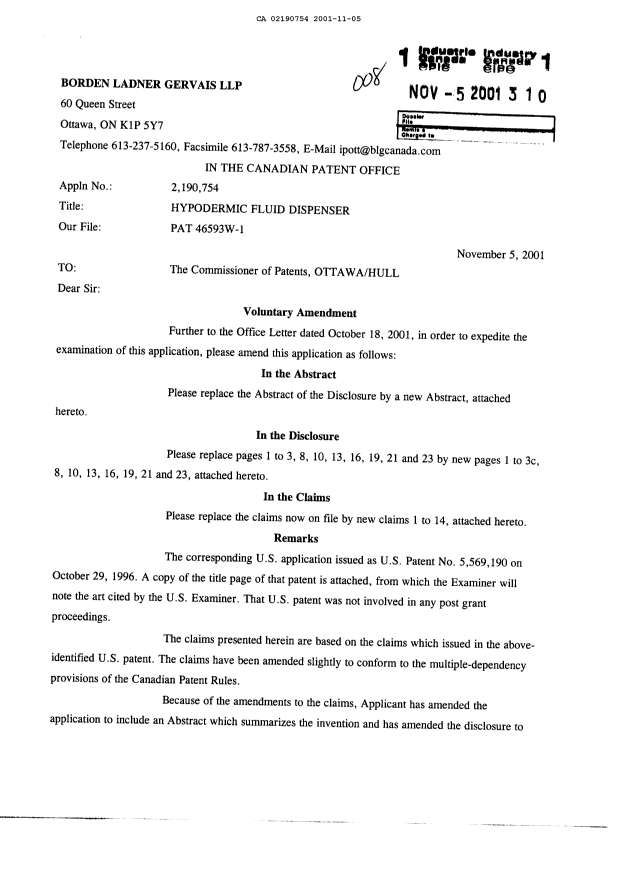 Canadian Patent Document 2190754. Prosecution-Amendment 20001205. Image 1 of 19