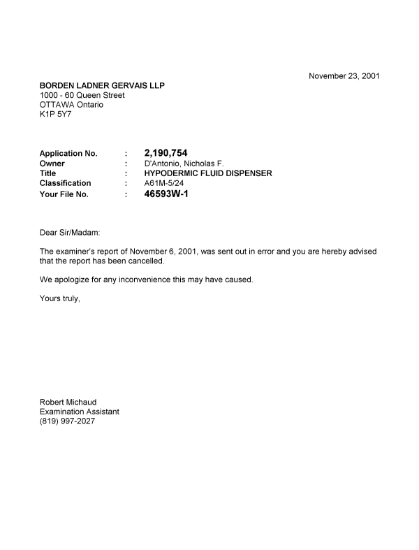 Document de brevet canadien 2190754. Correspondance 20001223. Image 1 de 1