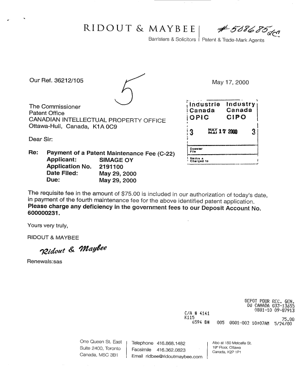 Document de brevet canadien 2191100. Taxes 20000517. Image 1 de 1