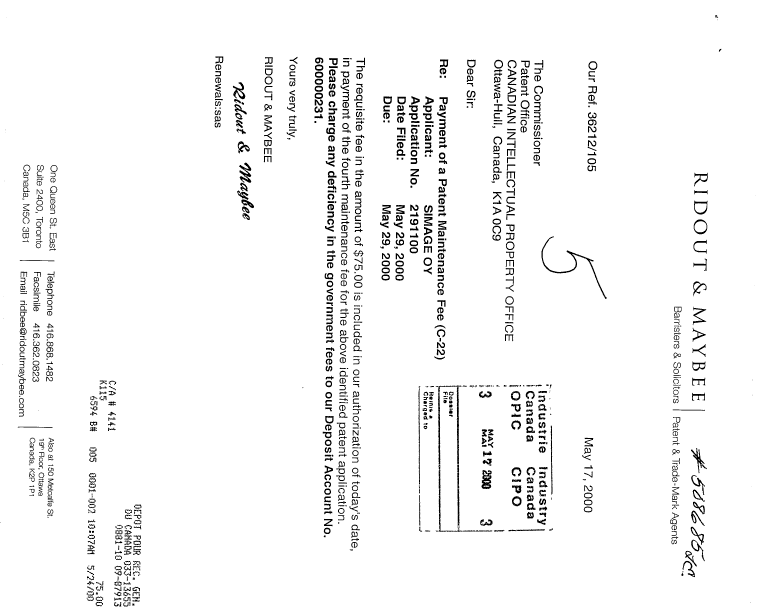 Canadian Patent Document 2191100. Fees 20000517. Image 1 of 1