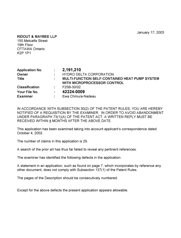 Canadian Patent Document 2191210. Prosecution-Amendment 20030117. Image 1 of 2