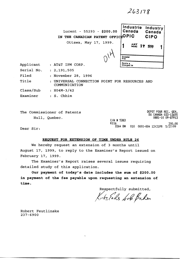 Canadian Patent Document 2191505. Correspondence 19981217. Image 1 of 1
