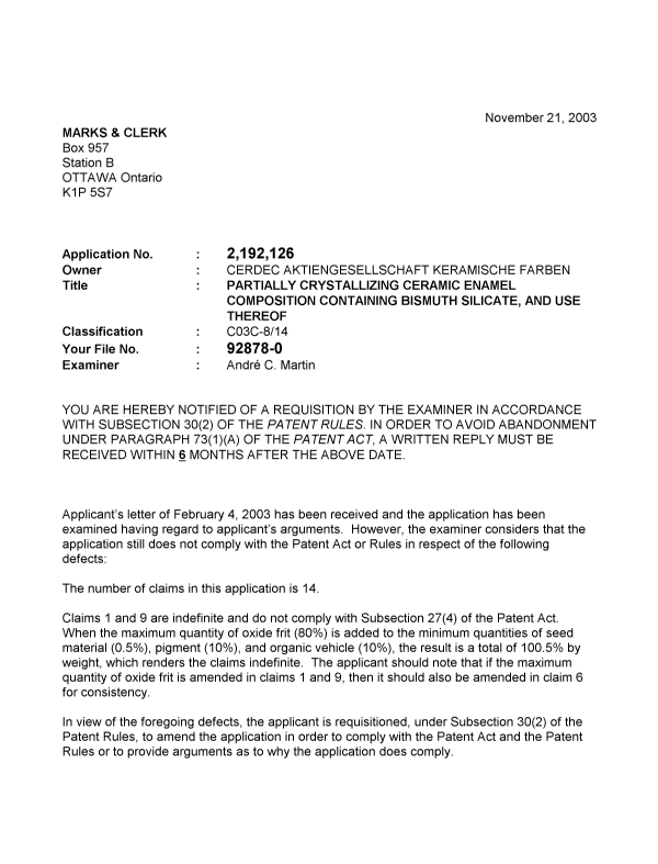 Canadian Patent Document 2192126. Prosecution-Amendment 20031121. Image 1 of 2