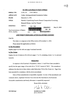 Canadian Patent Document 2192126. Prosecution-Amendment 20040521. Image 1 of 5