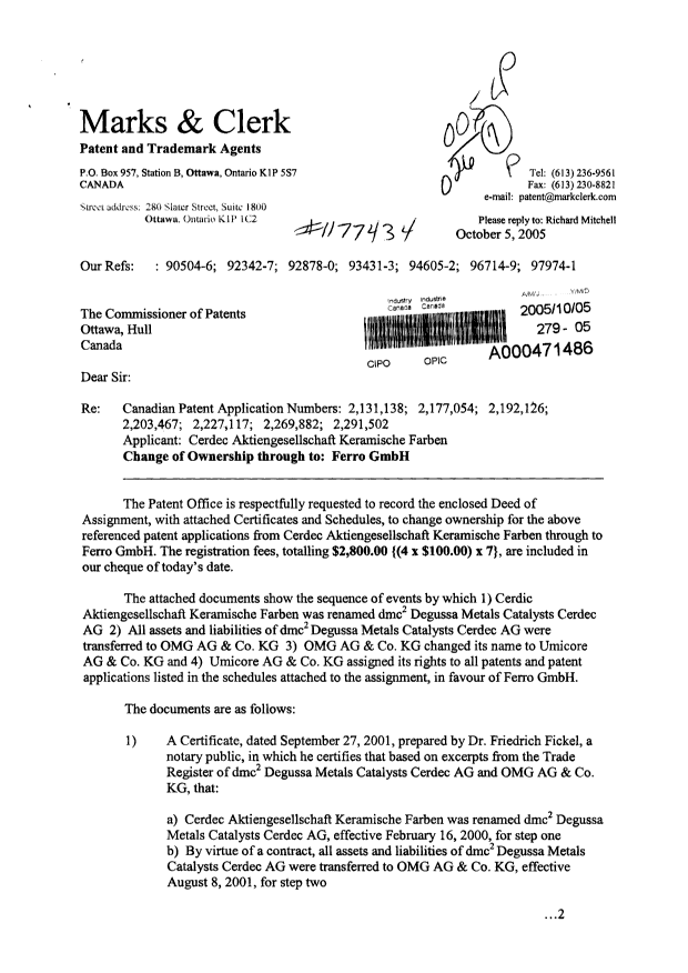 Document de brevet canadien 2192126. Cession 20051005. Image 1 de 28