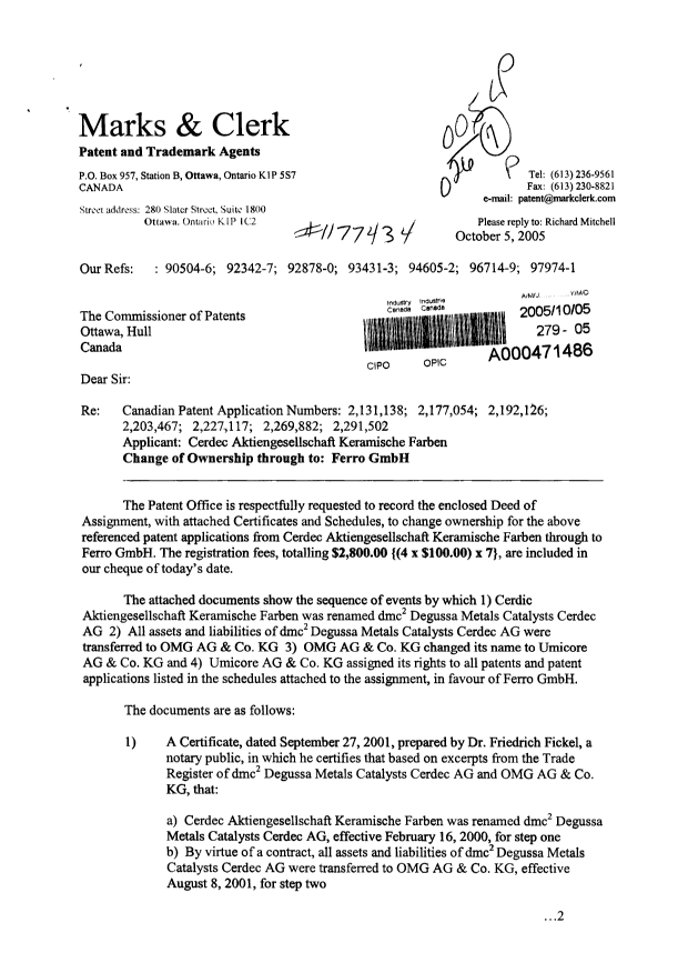 Document de brevet canadien 2192126. Correspondance 20051005. Image 1 de 2