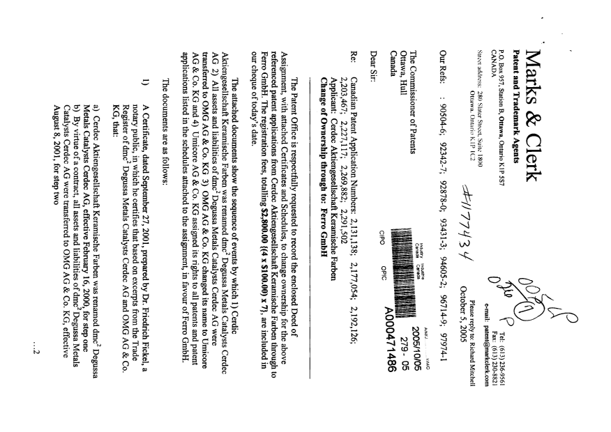 Canadian Patent Document 2192126. Correspondence 20051005. Image 1 of 2