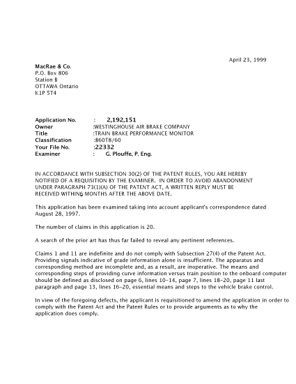 Canadian Patent Document 2192151. Prosecution-Amendment 19990423. Image 1 of 2