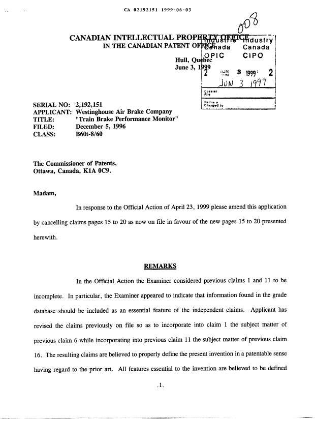 Canadian Patent Document 2192151. Prosecution-Amendment 19990603. Image 1 of 9