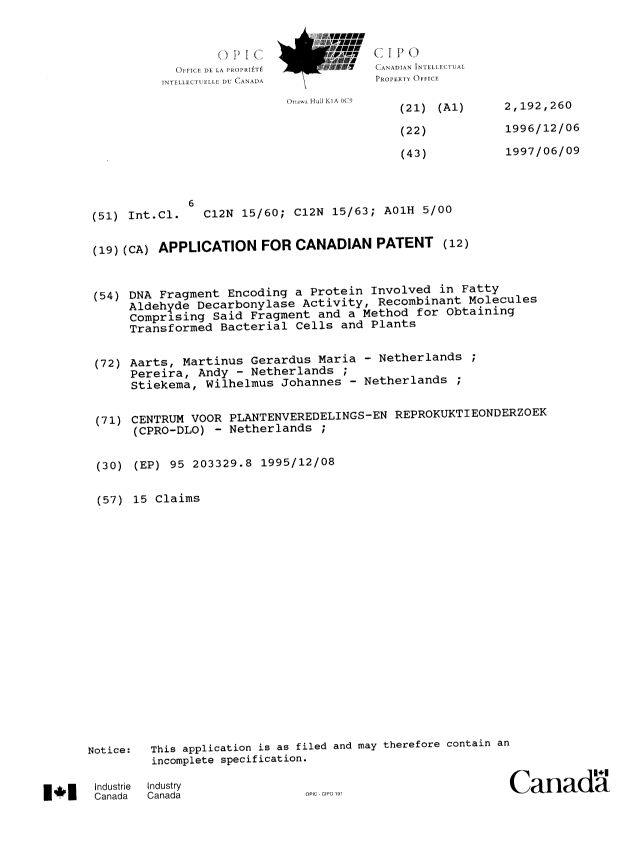Document de brevet canadien 2192260. Page couverture 19970408. Image 1 de 1